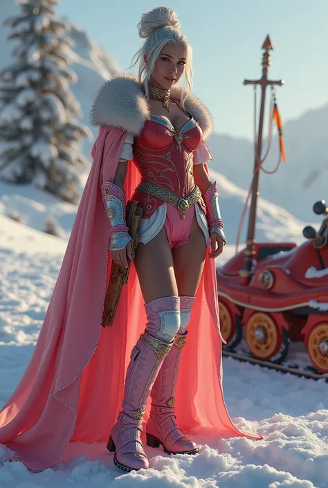 Full body is a breathtaking, highly detailed portrait of a super beautiful, super seductive female warrior, her whole body equipped with full red armor and super weapons, super ancient and futuristic, with tanned skin and her big white breasts peeking out ...