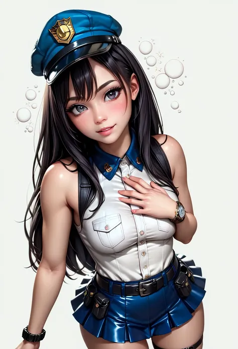  High resolution image ,  top quality , (( Beautiful Japanese Female Police Officer １Please describe a person :1.5)),(( slender body:1.0)),(( frightened:0.9)) , real skin , small breasts,  shiny black hair , CUTE ROWN BLACK EYES ,  simple background ,((bla...