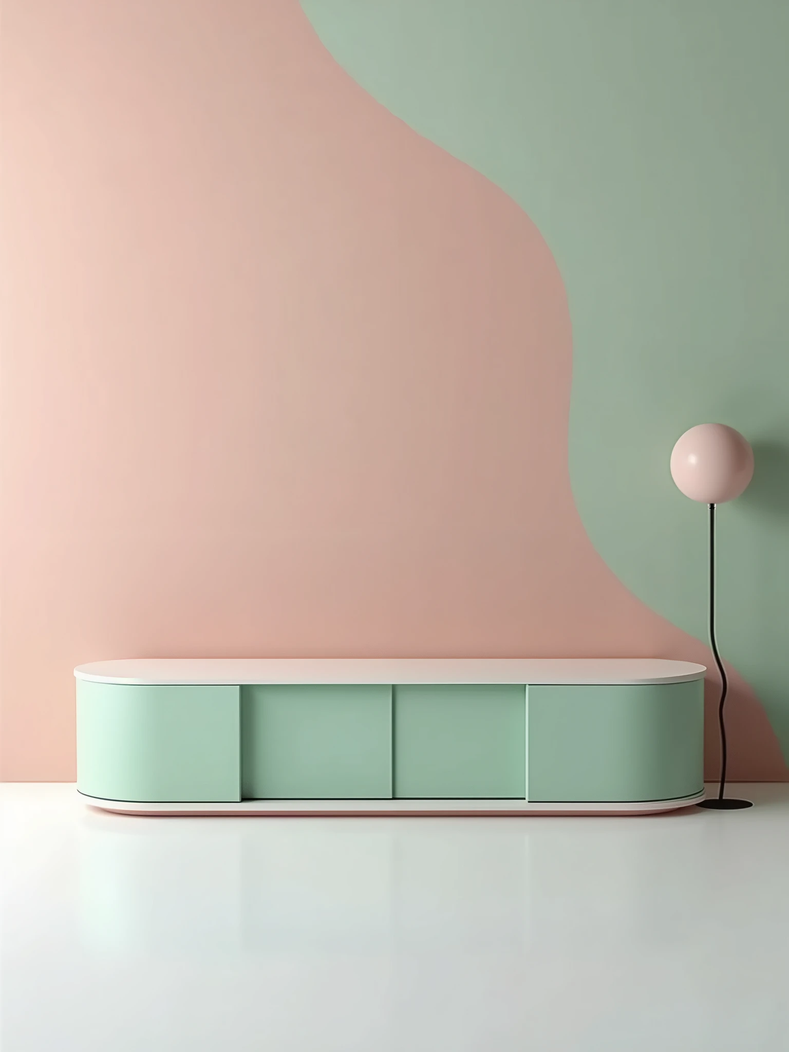 Modern TV console with sliding doors and curved sides, elegantly, luxurious, sofisticate, futuristic displayed against a neutral backdrop, showcasing its pastel color scheme and unique design. The console is in a state of rest, conveying a sense of calm an...