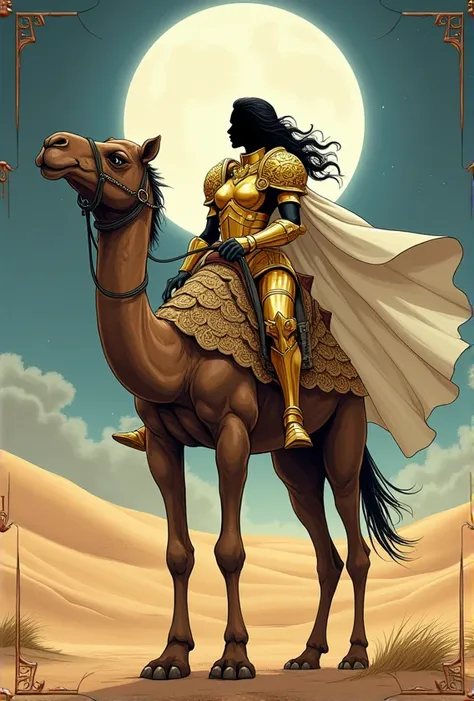 American Comics。 black female knight riding a camel。Jet Black Skin。Gold armor with elaborate relief。 white cloak。Moonlit desert background 。 image depicted on an RPG card framed in copper arabesque