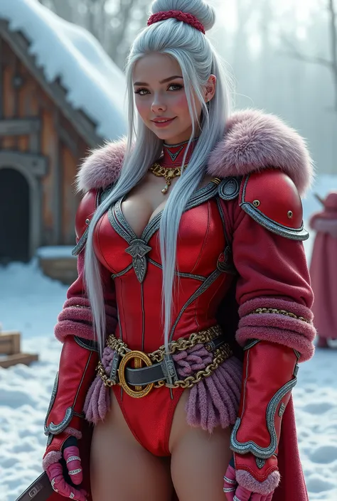 Full body is a breathtaking, highly detailed portrait of a super beautiful, super seductive female warrior, her whole body equipped with full red armor and super weapons, super ancient and futuristic, with tanned skin and her big white breasts peeking out ...