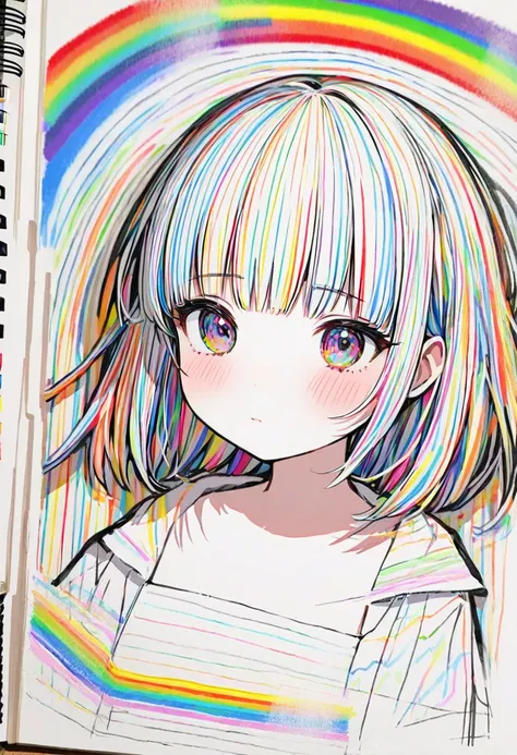   crayon drawing on sketchbook, girl,Melancholy Beauty   ，Rainbow Lines， she came out of her sketchbook ⁉️，From 2D to 3D 