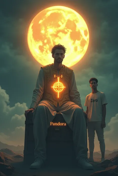 A guy wearing a glowing holy vest with a glowing holy crest and sitting on a chest written "PANDORA". A male ghost wearing a t-shirt written "ZERO" standing beside him. Background is at night. The moon is a giant fried egg.