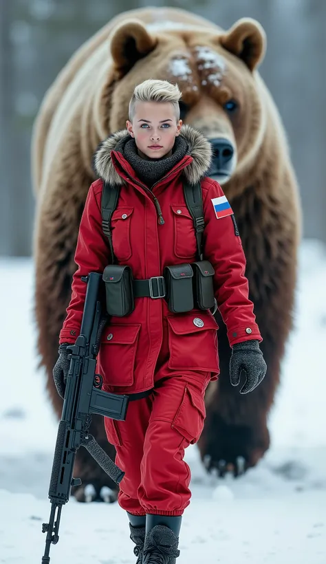 Create A Very Very Beautiful Russian Short Cut Hair Young Woman Wearing Red Snow Soldier Army Uniform Walking Straight, Holding A Sniper Rifle, Blue Eyes , A Giant Bear Walking Behind Her , Gigantic Bear Height, Unreal Beauty Woman, High Details, Anatomica...