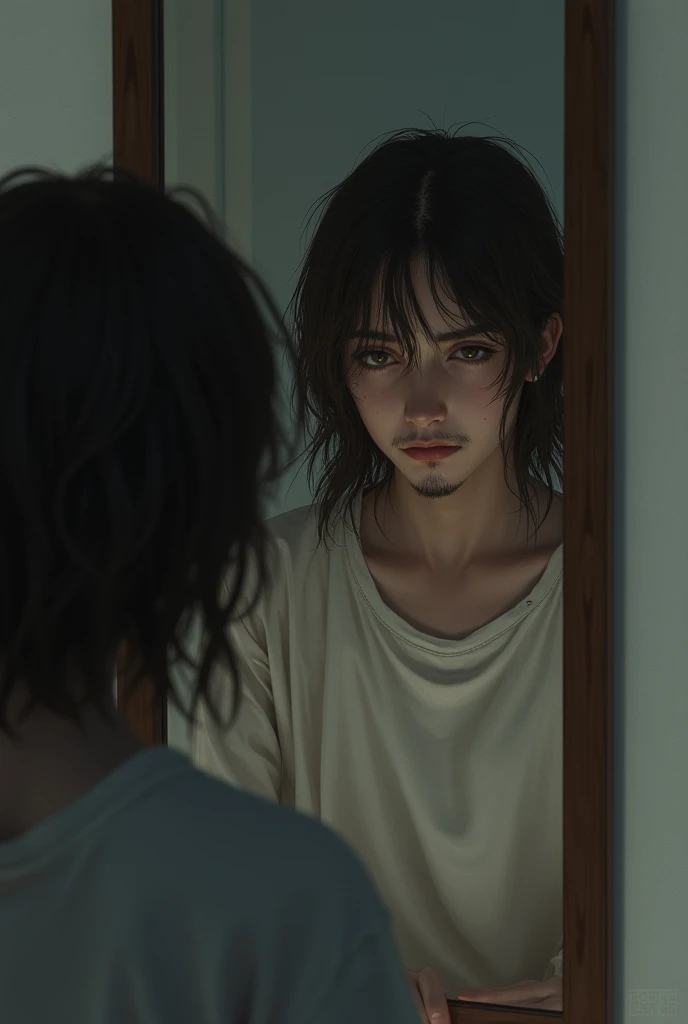 home se olhando no espelho, brown hair, messy hair, empty eyes, sad, facial hair, atmospheric perspective, Realism, UHD