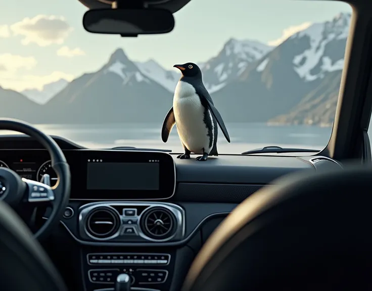 A penguin sitting on the desk of a g-wagon black car 