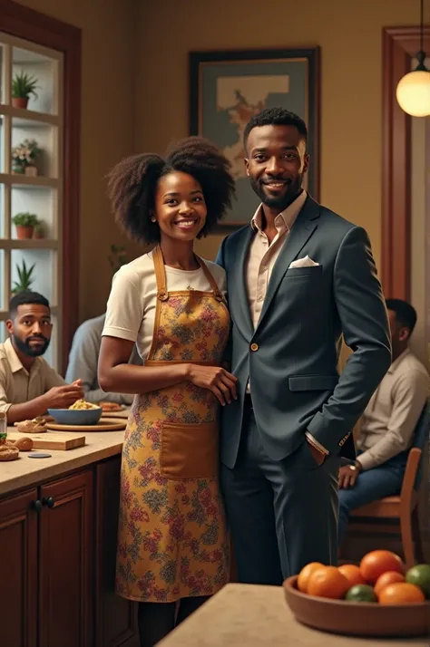 Imagine an image of a black successful man and his wife wearing a kitchen apron and his four elder brothers sitting in the living room