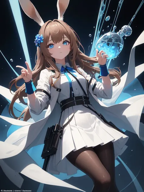 1girl, amiya_(arknights), in_container, blue_eyes, solo, long_hair, animal_ears, rabbit_ears, brown_hair, pantyhose, skirt, white_background, looking_at_viewer, jacket, simple_background, bangs, blue_skirt, shirt, open_clothes, open_jacket, hands_up, short...