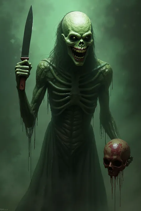 a skull-faced human alien with a Bowie knife in his green hand and with one head dripping blood from a human in the other in an environment of terror