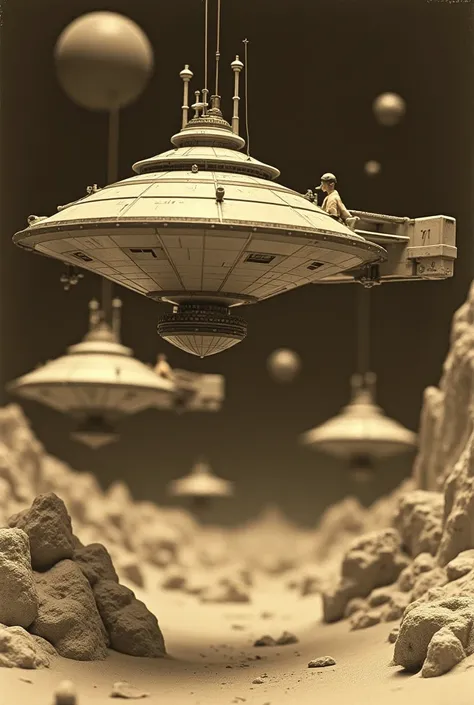 Super realistic photograph, sepia photography. Special effects photography of the space station. A scene from a 1960s movie or TV show where special effects photography was done on a space station. Models of the space station and spaceships were hung from ...