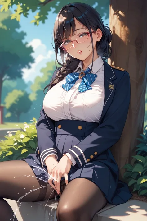  black hair、 straight、Glasses、Tree Eyes、Mole on chin、uniform、 black tights、arm left and right１One by one、Kiyomizu Kiyoko、Massive squirting masturbation