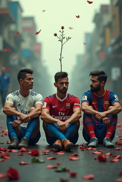 Cristiano Ronaldo and Virat Kohli and Messi sitting side of a standing on road and looking someone Messy and inside one rose Ronaldo not have moustache and Messi have small moustache