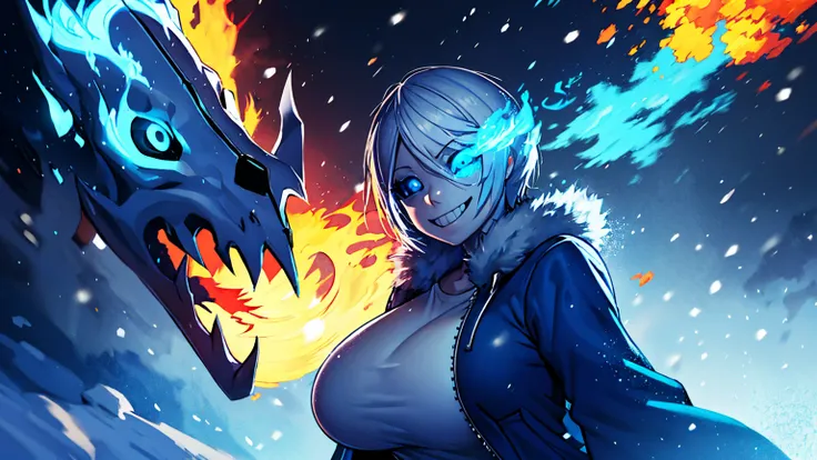 Sans Blue Jacket Black Shirt Fire Eyes Skull Smile Long Lashes White Short Hair Luminous Face Blue Dragon Skull Cannon One Person Standing In Snow Town Femininefull Super huge big breasts breast enlargement full-body shot illustration, ultra-detailed, HDR,...