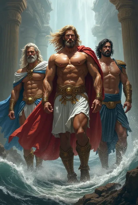 zeus very muscular and ares and posseidon and hercules