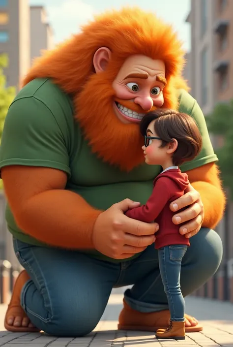 A giant .  He is wearing a green T-shirt and blue jeans. He has orange hair all over his body . He kneels smiling in front of a girl , That he is in love with .  The girl is wearing a red sweater and blue jeans.  She has brown short hair and brown eyes and...