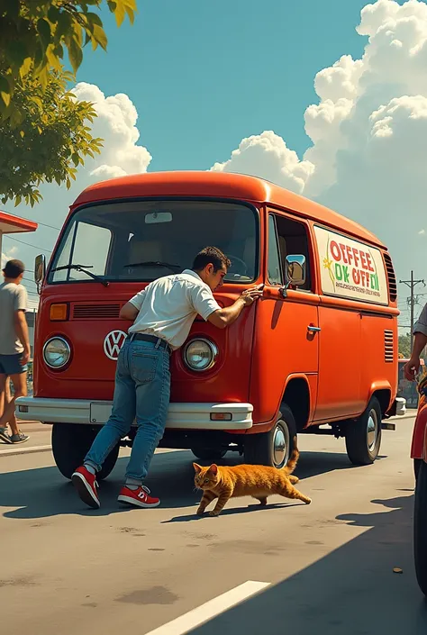 Slapping a van in front of a cat slid to sell coffee