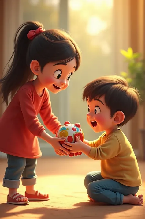 Zoya is show handing  over a small colorful toy piggy bank to the boy who is sitting on the ground the boy face lights up with a wide smile and his hand are outstretched to accept the gift. Zoya mother stand behind her smiling proudly  the atmosphere captu...