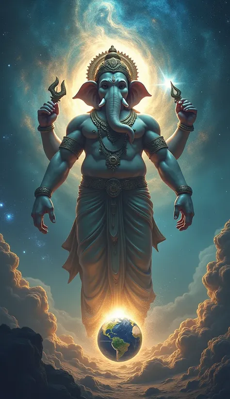 Prompt:
A majestic Lord Ganesha stands tall, towering over the vast expanse of the universe. The earth, a tiny sphere, rests beneath one of his colossal feet. The cosmos swirls around him, a tapestry of stars and galaxies. Ganeshas serene expression is one...