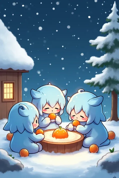 Cirno Group  (East) Snowy winter nights,  many gorillas are eating tangerines with kotatsu., (((yukkuri))), (((Chibi))), (((Head Only))) ( please relax :1.4), yukkuri