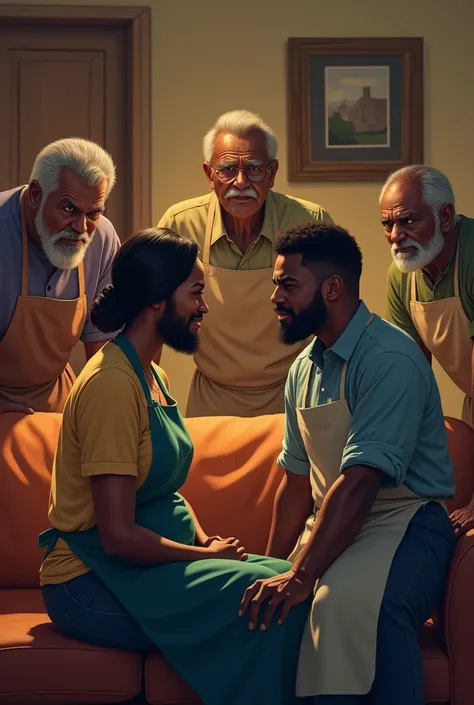 Imagine an image of a black man sitting down and his wife wearing a kitchen apron and his four black elder brothers (this is important)brothers sitting in the sitting room couch, the brothers are older and they look angry while sitting and standing facing ...