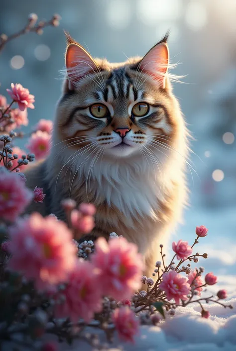 1 Uzbekistan cat with flowers,detailed cat face and fur,beautiful bouquet of flowers,winter landscape,snowy background,cinematic lighting,dramatic colors,highly detailed,photorealistic,award winning digital art