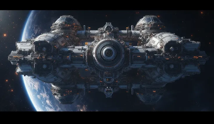 wide shot, panoramic view, cinematic sci-fi cosmic panoramic view of massive futuristic space station in deep space, detailed view of the station exterior, multi-level rotating tube creating artificial gravity and environment , many different modules conne...