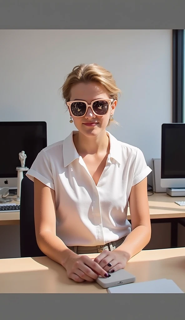 The model is wearing glass sunglasses with stars and the moon on the glass