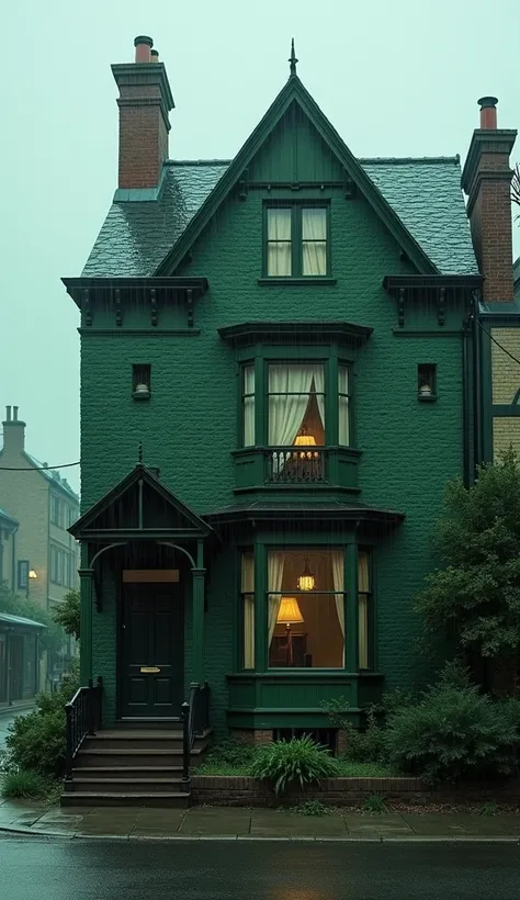 Green Brick House in the town of Soffia
dark background , rain