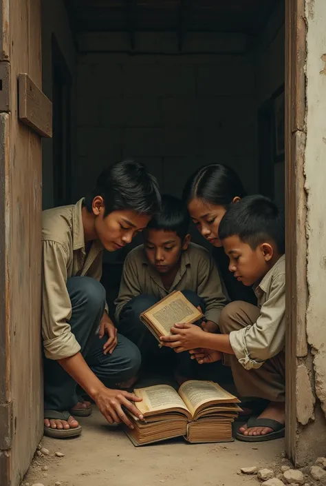   Nguyen Thong and his students secretly hid history books in the cottage,  makes the image look old, A little old , Wear clothes that are a little more torn.