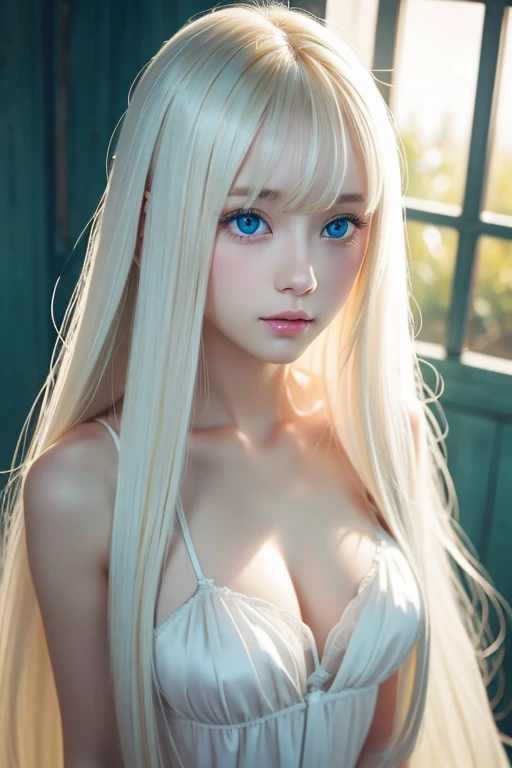 Very beautiful white guys first 々 innocent girl 、 people in the hot water room 、Silky super long platinum blonde alone hair、 beautiful sexy girl with a very cute face、 clear beautiful bright light blue eyes 、 white princess dress、 long hair、bangs、 blonde a...