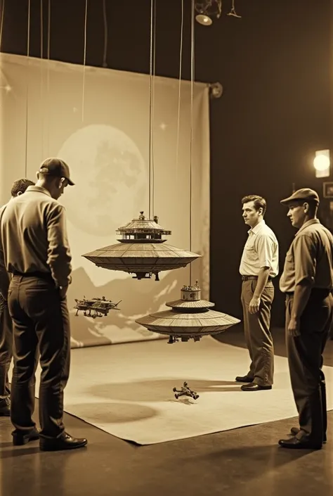 Super realistic photograph, Old photo style, sepia photography. Special effects photography of the space station. A scene from a 1960s movie or TV show where a space station scene is shot. Models of a small space station and few small spaceships are hung f...