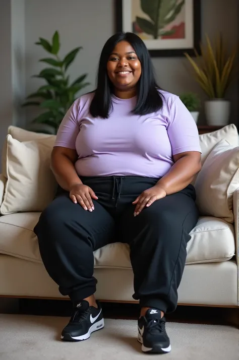  African-American woman with very thick lips of 1 . 49 of height with very little overweight , abundant straightened black hair ,  wide hips huge tail and thick legs ,  sneakers never wear facial makeup ,  wears a very light purple t-shirt ,  black cotton ...