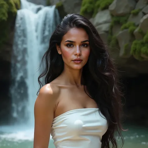 A portrait of a young Latina woman, 30 years old, standing gracefully in front of a cascading waterfall. She is wearing a white strapless top that complements her radiant, natural beauty. Her long, wavy black hair flows effortlessly over her shoulders, its...