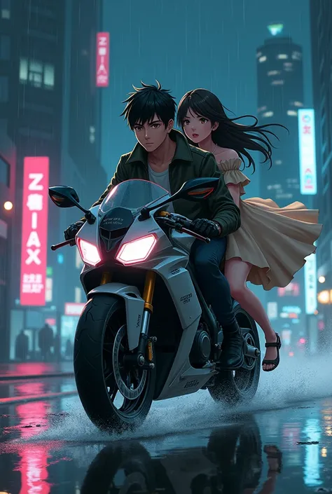 Anime image of Guy rides motorbike at a rainy night with his girlfriend who is wearing beige colour puff sleeve dress