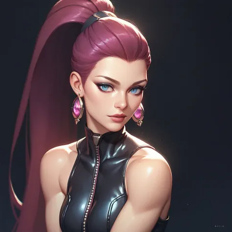 female sleeveless black leather catsuit, bare shoulders, racerback, bare toned arms, beautiful faces, magenta ponytail with showing forehead, long ponytail, earrings, soft smooth skin, light pale skin, black background, blue eyes, sci-fi, high contrast