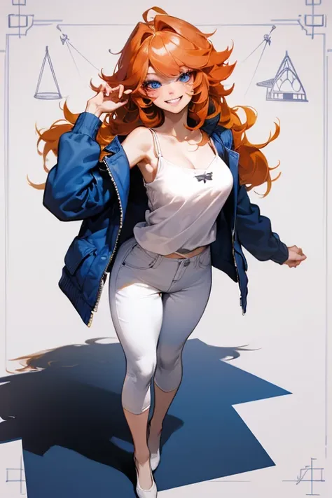 Mereoleona　  orange hair、Hanging eyes、bangs、 winks、long hair,  Idiot hair at the top of the head 、Big Breasts ,  blue eyes, grin 、Thighs、  white camisole tops、Blue jacket、white capri pants、Dutch angle ,  and blushing ,  look,  Anatomically Correct ,  full ...