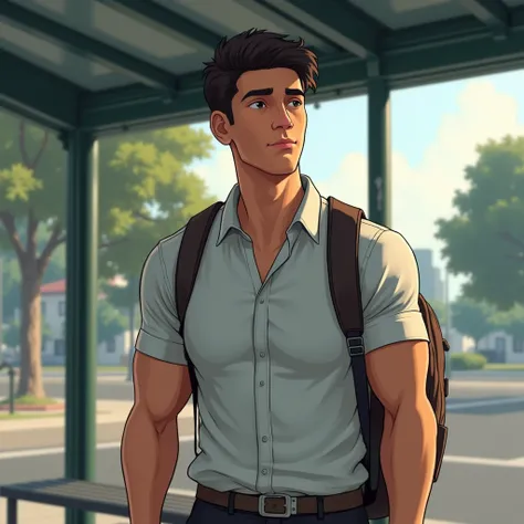 A young, athletic man of approximately 22 years old , wearing a short-sleeved dress shirt and backpack at the bus stop 