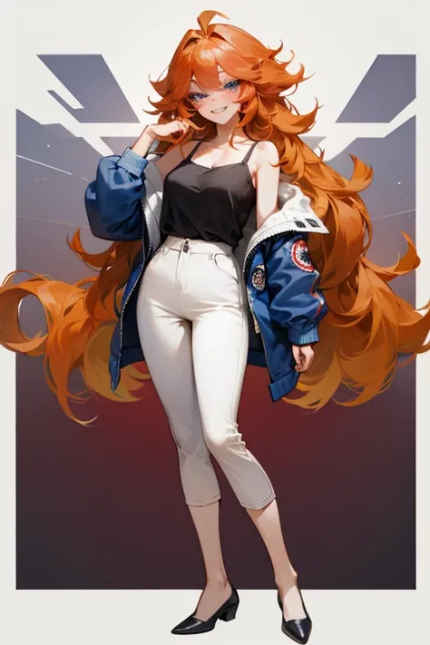 Mereoleona　  orange hair、Hanging eyes、bangs、 winks、long hair,  Idiot hair at the top of the head 、Big Breasts ,  blue eyes, grin 、Thighs、  white camisole tops、Blue jacket、white capri pants,  and blushing ,  look,  Anatomically Correct ,  full body image , ...