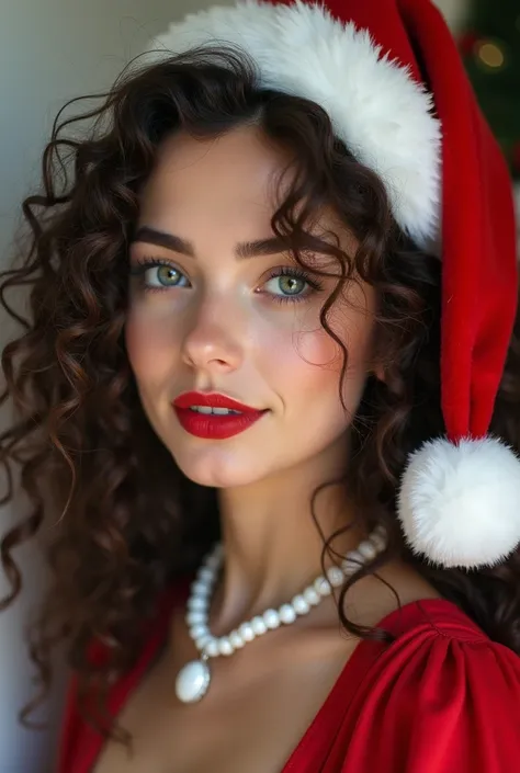 Beautiful young woman&#39;The face of,   red lips ,  sparkling eyes ,   Tender curly hair  .  Red dress with white skin  .   Santa Claus hat, white jewelry on the neck and ears. Fantasy Christmas scene  