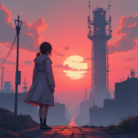 a woman wearing a coat stands near a phone tower as the sun sets, cyberpunk art, rossdraws pastel vibrant, beautiful anime art style, popular on art station, wlop painting style