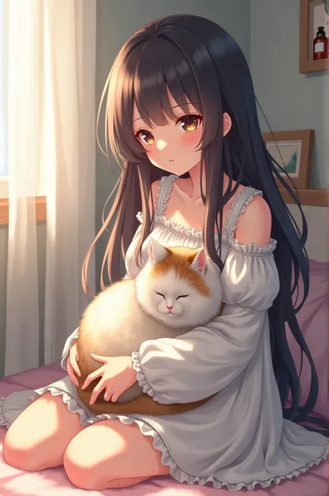 Anime girl sitting with a cat on her lap covering her breast