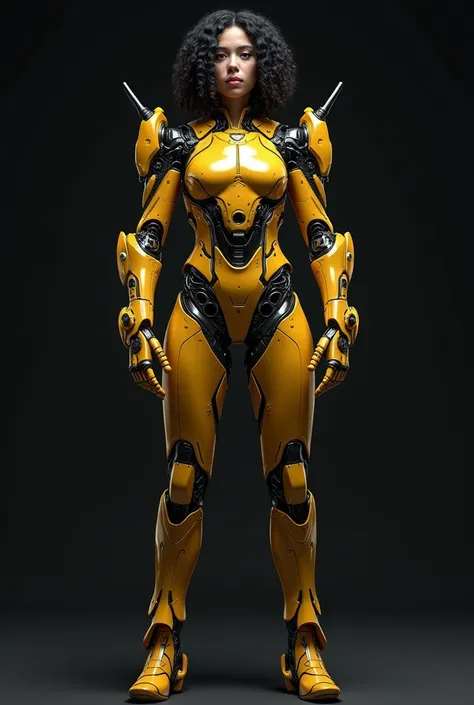 realistic portrait of a black curly haired , Gondrong-haired Curly Black wears superhuman robot bee costume,
 standing ,

on a plain black background