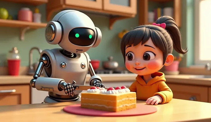 In the kitchen, a robot is cutting a rectangular cake for a chipi3d animated girl.