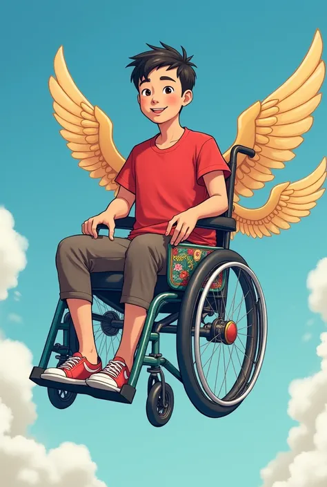 Create an image of a young Thai man with short hair, a red T-shirt, riding in a beautiful colorful wheelchair, a winged cart, flying into the sky