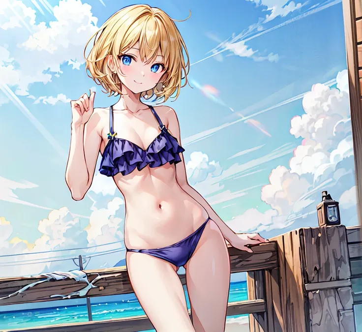 （ cute girl :1.3）、 smile,Summer atmosphere、 Metallic Blue Pearl Bikinis、 golden hair 、　(3)， blue sky，small breasts， flat chested，(( for light, thin hair color)), ( very detailed), (High-definition CG synthesis 8K wallpaper), 高いly detailed,   high resolutio...