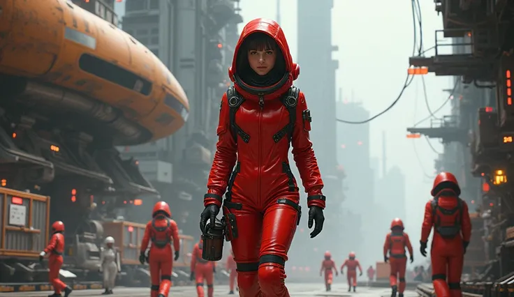 Red Riding Hood in a red spacesuit in a space port buys parts for a spaceship