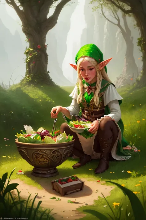 An elf girl eating salad, digital art, fantasy art, concept art, trending on ArtStation, ultra detailed, ultra high resolution, 8k 