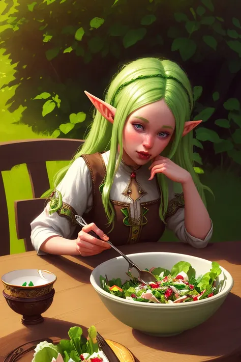 An elf girl eating salad, digital art, fantasy art, concept art, trending on ArtStation, ultra detailed, ultra high resolution, 8k 