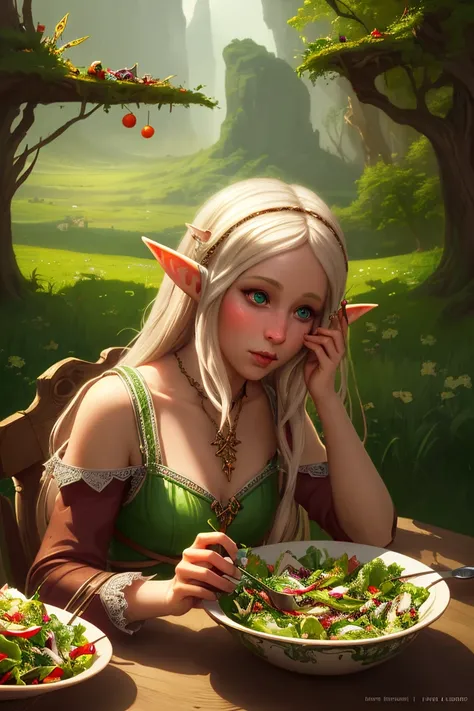 An elf girl eating salad, digital art, fantasy art, concept art, trending on ArtStation, ultra detailed, ultra high resolution, 8k 