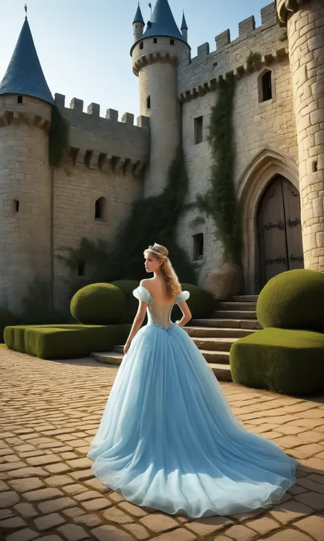 a cute woman, damsel in distress (sheer princess gown, amazing butt, age 22, finr body jewelry) is fleeing from the guards, she does not wish to marry, fantasy castle and grounds